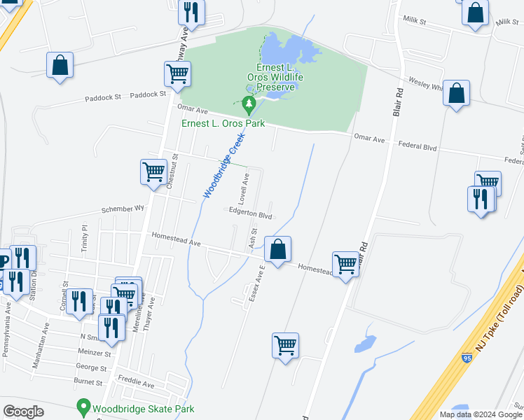 map of restaurants, bars, coffee shops, grocery stores, and more near 20 Edgerton Boulevard in Woodbridge Township
