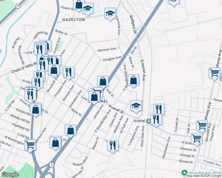 map of restaurants, bars, coffee shops, grocery stores, and more near 3 Mitchell Place in Woodbridge Township