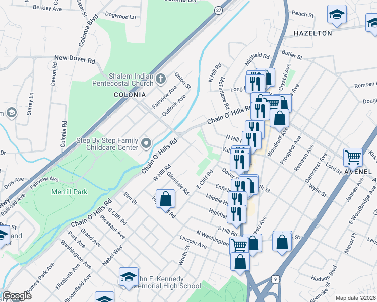 map of restaurants, bars, coffee shops, grocery stores, and more near 107 West Hill Road in Woodbridge Township