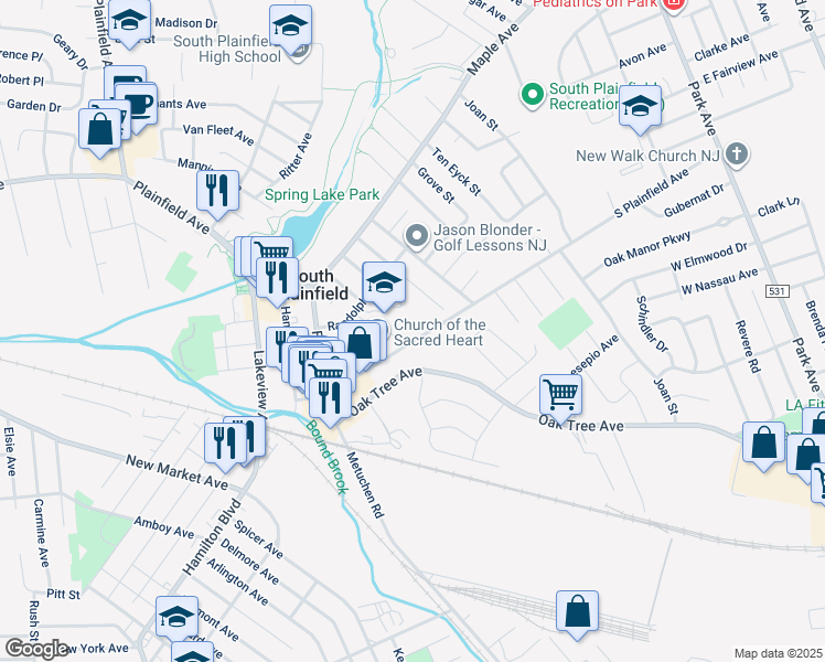 map of restaurants, bars, coffee shops, grocery stores, and more near 191 South Plainfield Avenue in South Plainfield