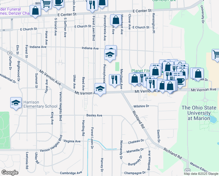 map of restaurants, bars, coffee shops, grocery stores, and more near 510 Pennsylvania Avenue in Marion