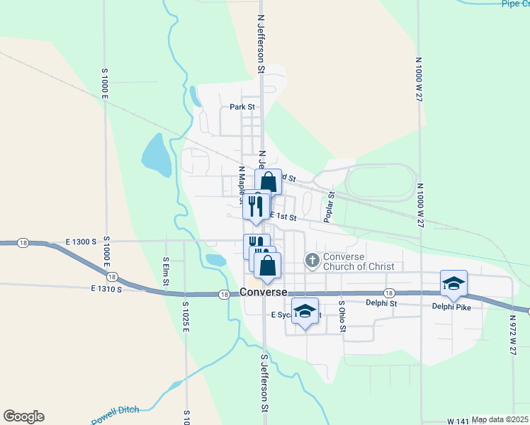 map of restaurants, bars, coffee shops, grocery stores, and more near 309 North Jefferson Street in Converse