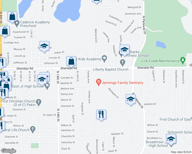 map of restaurants, bars, coffee shops, grocery stores, and more near 1513 Sara Lane in Pekin