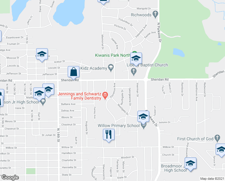 map of restaurants, bars, coffee shops, grocery stores, and more near 1307 Florence Avenue in Pekin