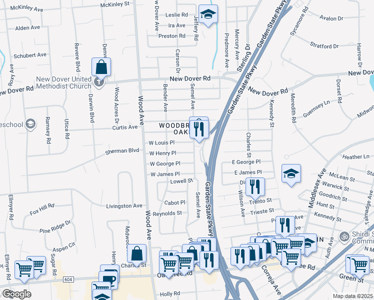 map of restaurants, bars, coffee shops, grocery stores, and more near 65 West Henry Place in Woodbridge Township