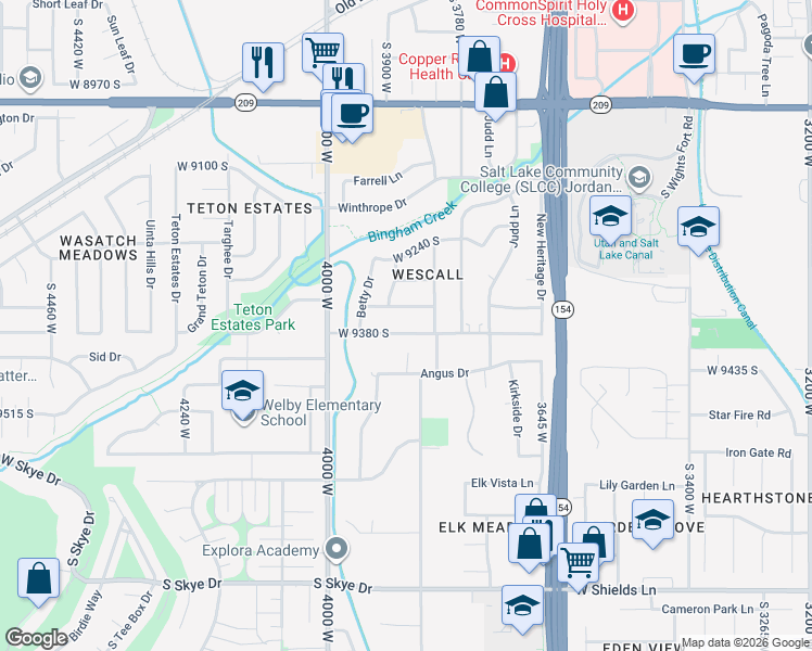 map of restaurants, bars, coffee shops, grocery stores, and more near 3878 9380 South in West Jordan