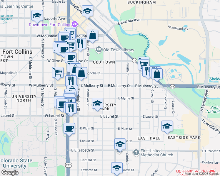 map of restaurants, bars, coffee shops, grocery stores, and more near 511 Whedbee Street in Fort Collins