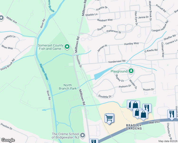 map of restaurants, bars, coffee shops, grocery stores, and more near 704 Brokaw Court in Bridgewater Township