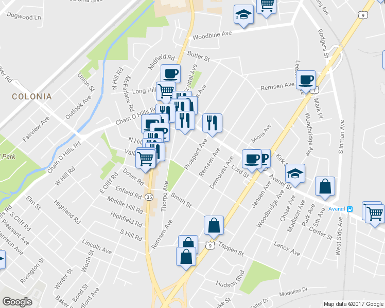 map of restaurants, bars, coffee shops, grocery stores, and more near 197 Prospect Avenue in Woodbridge Township