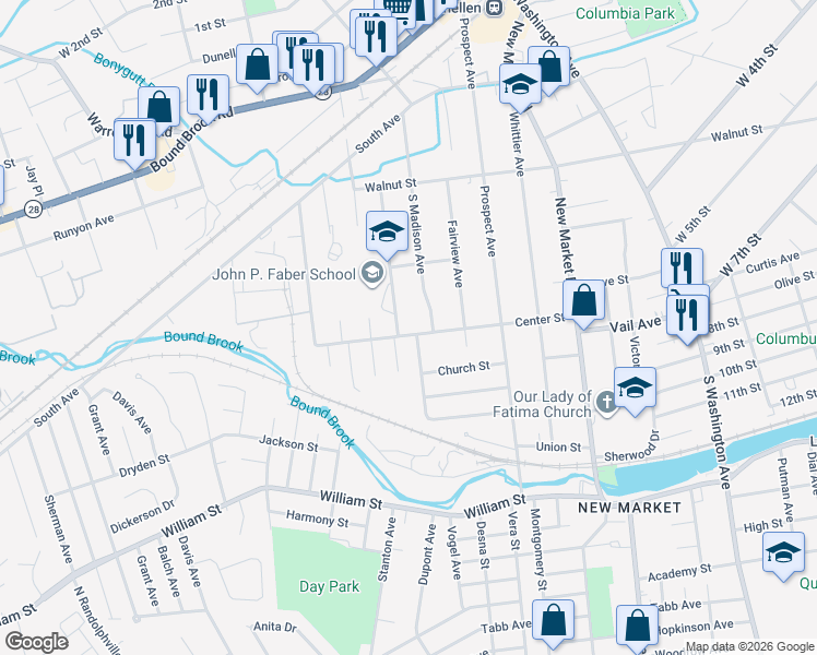 map of restaurants, bars, coffee shops, grocery stores, and more near 744 Center Street in Dunellen