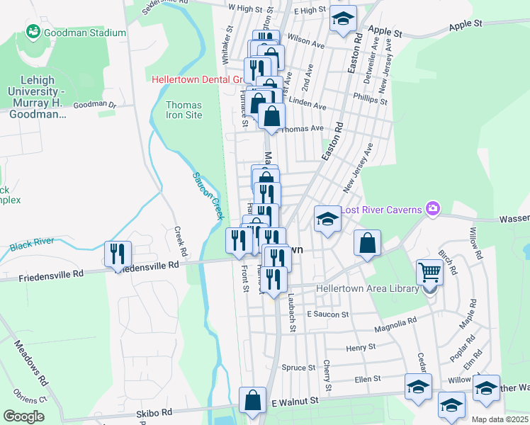 map of restaurants, bars, coffee shops, grocery stores, and more near 36 Hampton Avenue in Hellertown