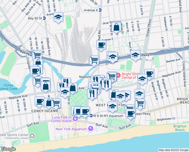 map of restaurants, bars, coffee shops, grocery stores, and more near 2955 Shell Road in Brooklyn