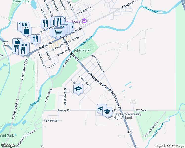 map of restaurants, bars, coffee shops, grocery stores, and more near 913 South Washington Street in Delphi