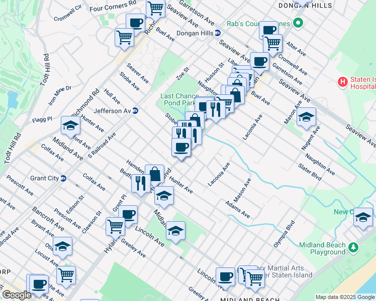 map of restaurants, bars, coffee shops, grocery stores, and more near Hylan Blvd & Jefferson Ave in Staten Island