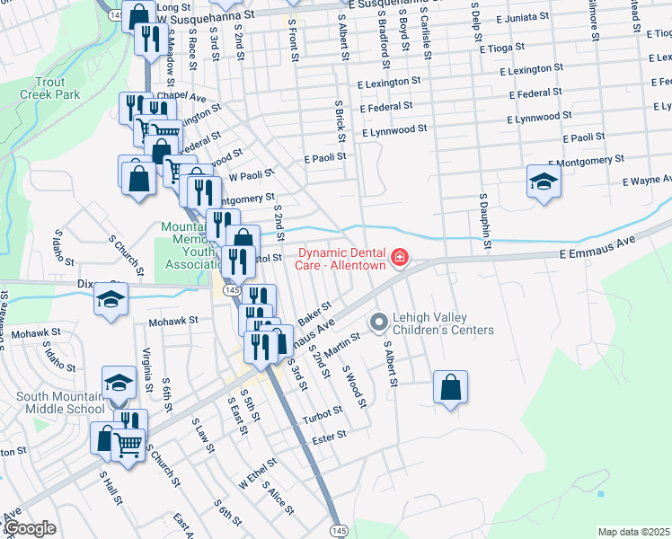 map of restaurants, bars, coffee shops, grocery stores, and more near Front Street in Allentown