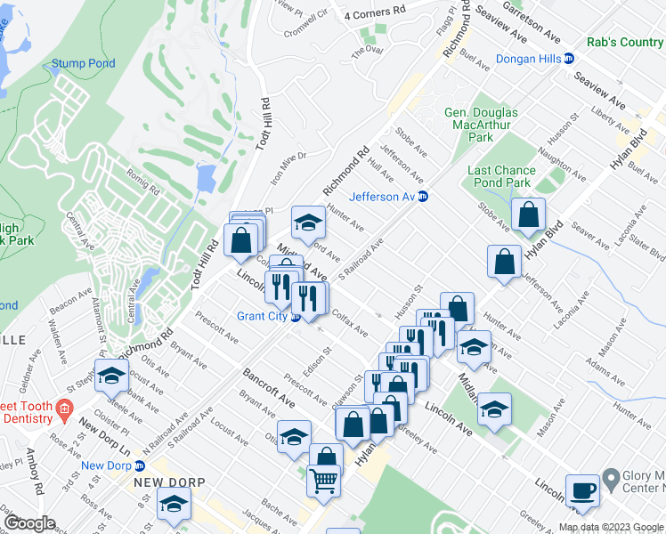 map of restaurants, bars, coffee shops, grocery stores, and more near 1051 North Railroad Avenue in Staten Island