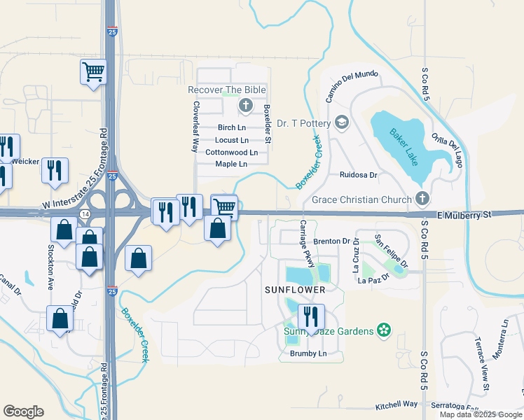 map of restaurants, bars, coffee shops, grocery stores, and more near 4532 Colorado 14 in Fort Collins
