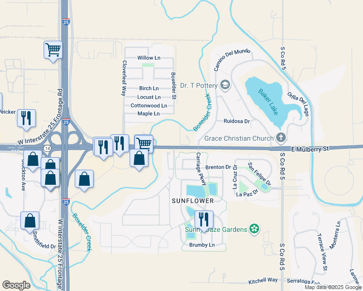map of restaurants, bars, coffee shops, grocery stores, and more near 422 Loma Linda Drive in Fort Collins