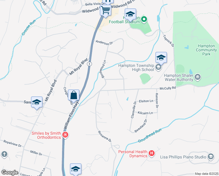 map of restaurants, bars, coffee shops, grocery stores, and more near 4406 Birchwood Lane in Hampton Township