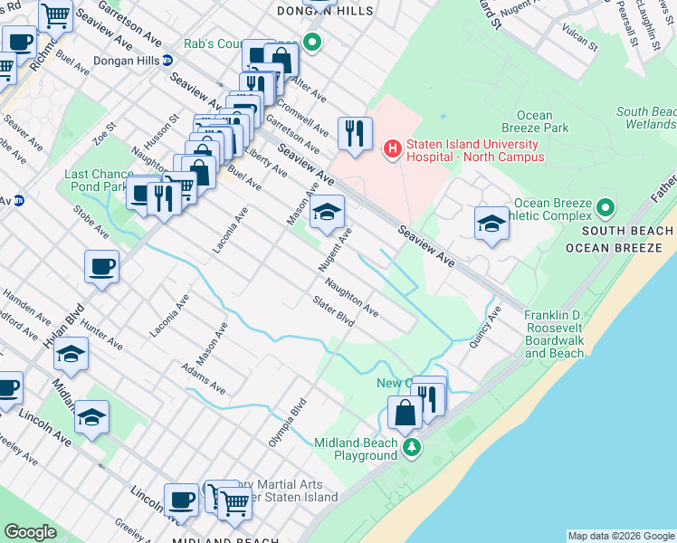 map of restaurants, bars, coffee shops, grocery stores, and more near 497 Naughton Avenue in Staten Island