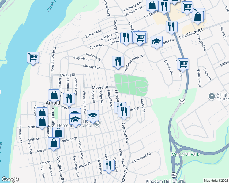 map of restaurants, bars, coffee shops, grocery stores, and more near 1903 Freeport Road in New Kensington