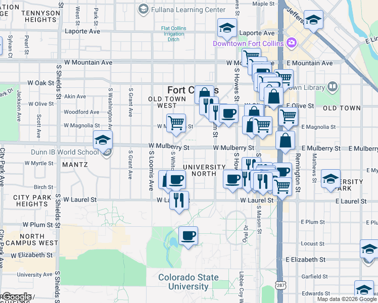 map of restaurants, bars, coffee shops, grocery stores, and more near 506 South Whitcomb Street in Fort Collins