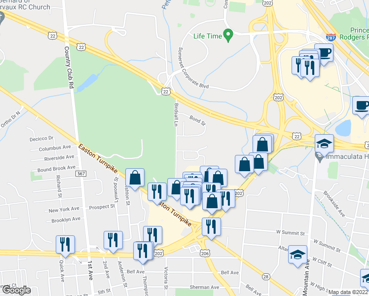map of restaurants, bars, coffee shops, grocery stores, and more near 9 Tunison Lane in Bridgewater
