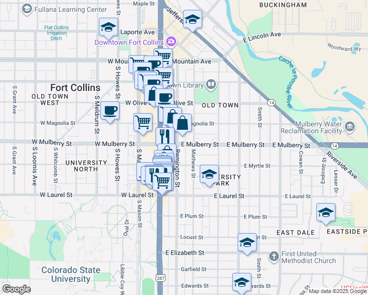 map of restaurants, bars, coffee shops, grocery stores, and more near 508 Remington Street in Fort Collins