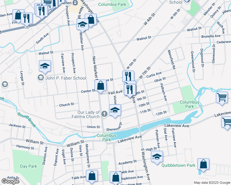 map of restaurants, bars, coffee shops, grocery stores, and more near 322 Vail Avenue in Piscataway Township