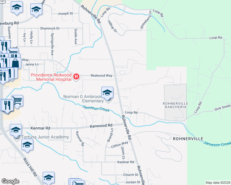map of restaurants, bars, coffee shops, grocery stores, and more near 3820 Rohnerville Road in Fortuna
