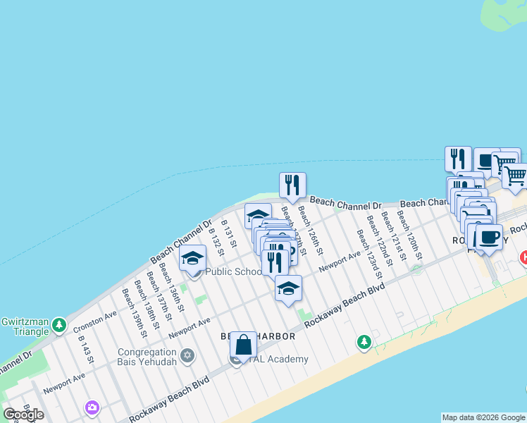 map of restaurants, bars, coffee shops, grocery stores, and more near 547 Beach 129th Street in Queens