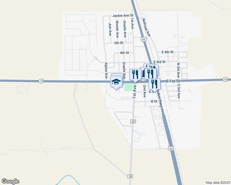 map of restaurants, bars, coffee shops, grocery stores, and more near 208 1st Street in Ault