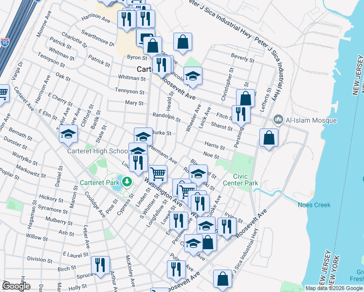 map of restaurants, bars, coffee shops, grocery stores, and more near 3 Leick Avenue in Carteret