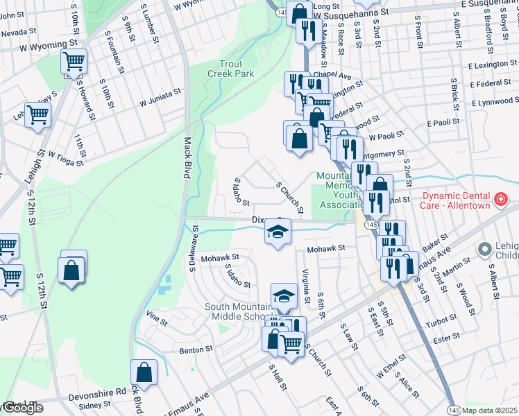 map of restaurants, bars, coffee shops, grocery stores, and more near 694 West Brookdale Street in Allentown