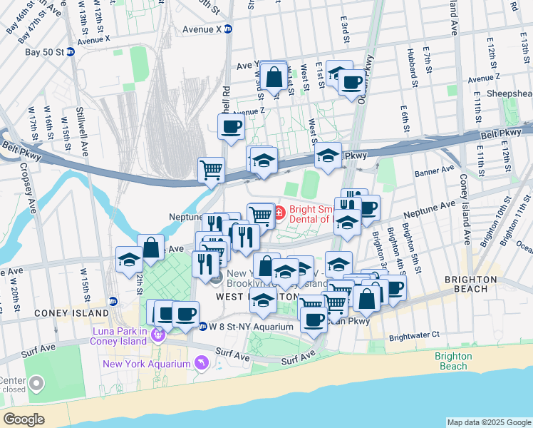 map of restaurants, bars, coffee shops, grocery stores, and more near 2780 West 5th Street in Brooklyn