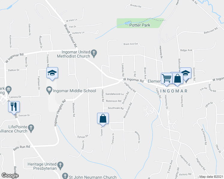 map of restaurants, bars, coffee shops, grocery stores, and more near 1139 Ingomar Heights Road in Pittsburgh