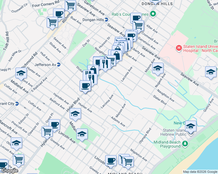 map of restaurants, bars, coffee shops, grocery stores, and more near 629 Laconia Avenue in Staten Island