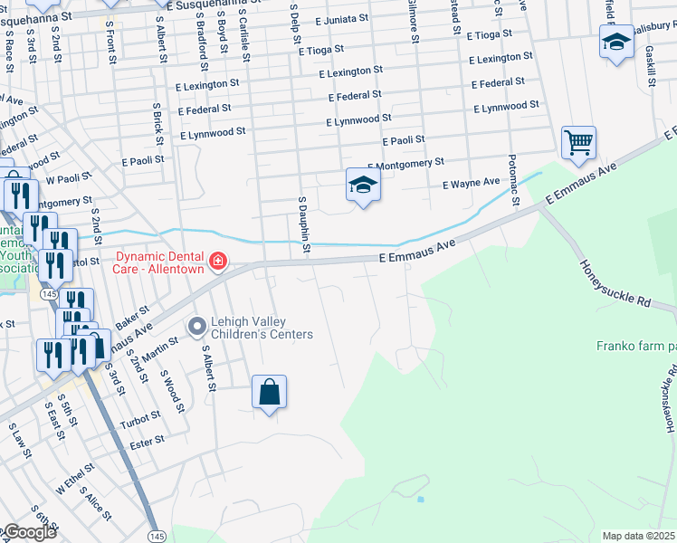 map of restaurants, bars, coffee shops, grocery stores, and more near 442 East Emmaus Avenue in Allentown