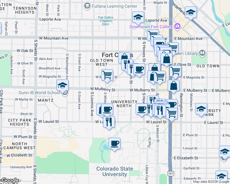 map of restaurants, bars, coffee shops, grocery stores, and more near 506 South Whitcomb Street in Fort Collins