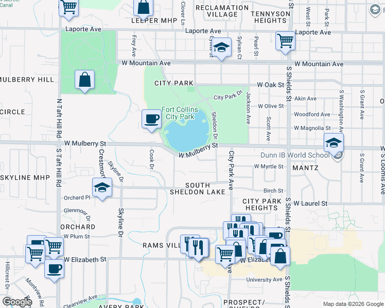map of restaurants, bars, coffee shops, grocery stores, and more near in Fort Collins