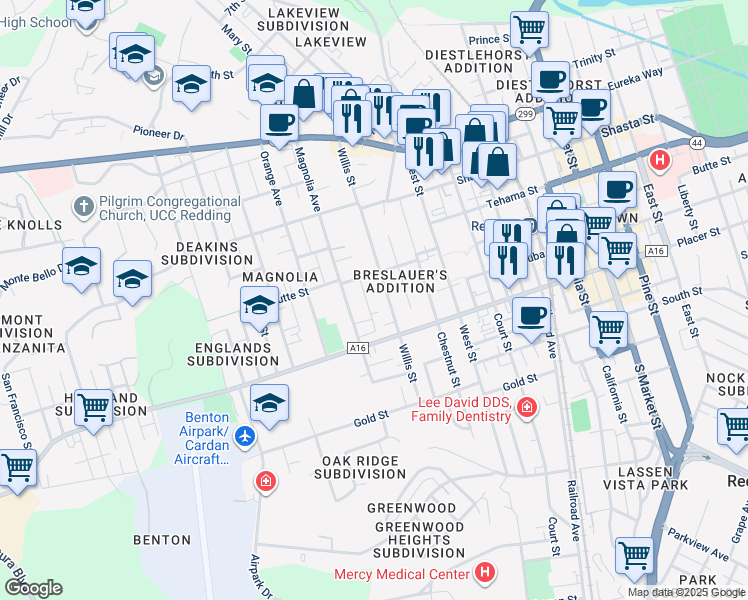 map of restaurants, bars, coffee shops, grocery stores, and more near 1604 Willis Street in Redding