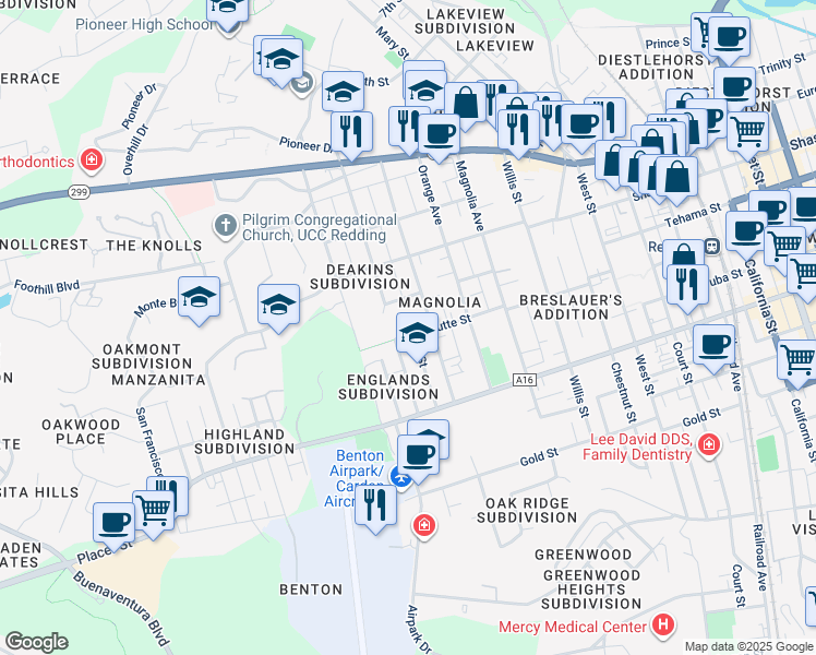 map of restaurants, bars, coffee shops, grocery stores, and more near 2602 Butte Street in Redding