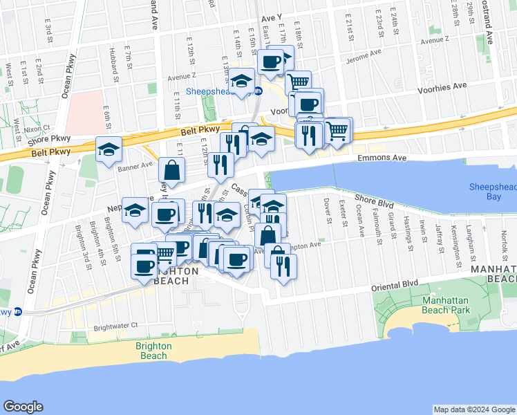 map of restaurants, bars, coffee shops, grocery stores, and more near 35 Corbin Place in Brooklyn