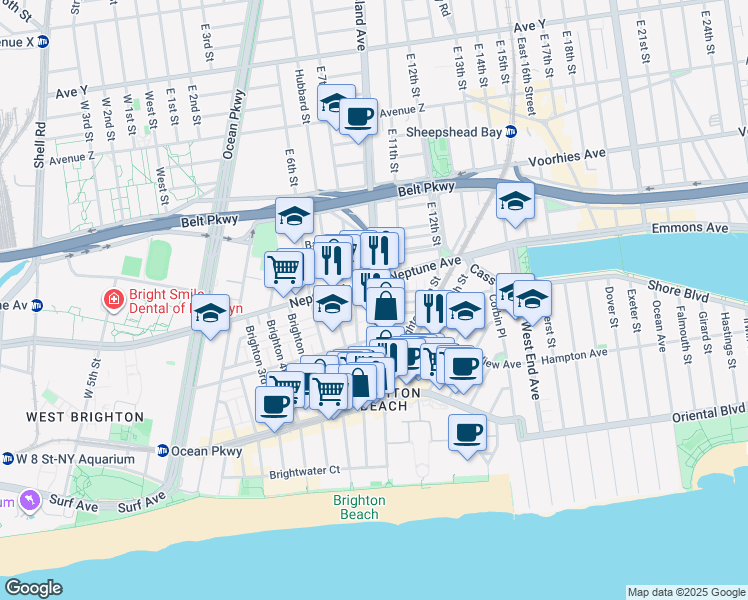 map of restaurants, bars, coffee shops, grocery stores, and more near 18 Brighton 8th Place in Brooklyn