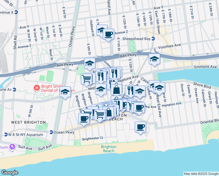 map of restaurants, bars, coffee shops, grocery stores, and more near 18 Brighton 8th Place in Brooklyn