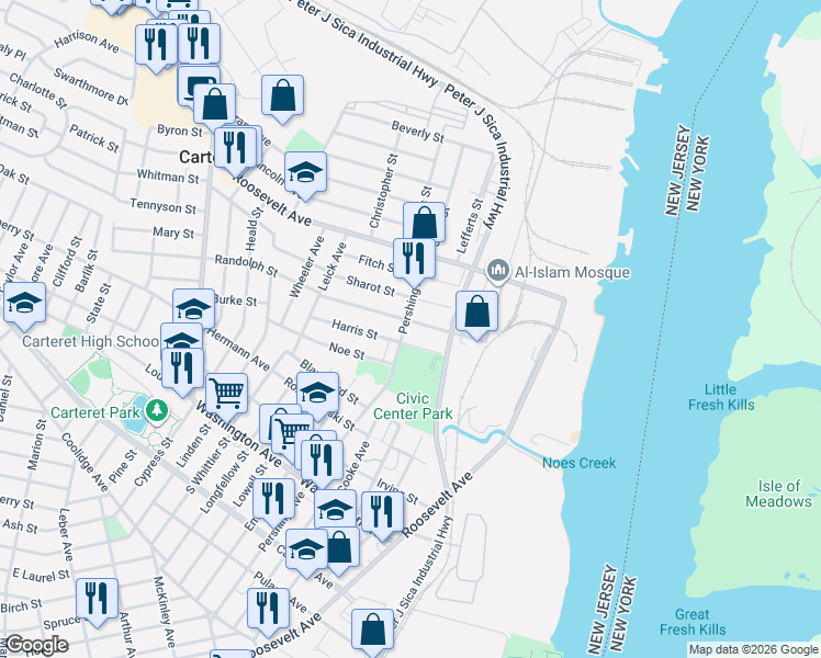 map of restaurants, bars, coffee shops, grocery stores, and more near 284 Pershing Avenue in Carteret