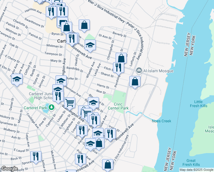 map of restaurants, bars, coffee shops, grocery stores, and more near 18 Harris Street in Carteret