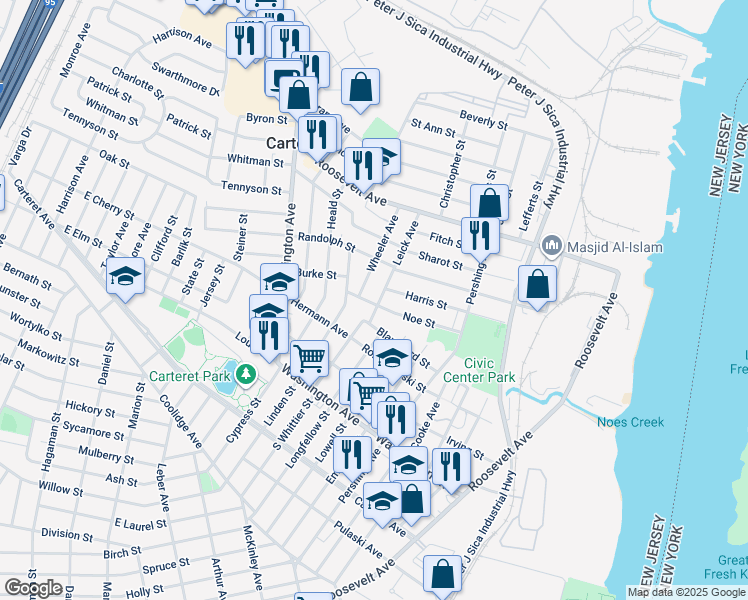map of restaurants, bars, coffee shops, grocery stores, and more near 3 Leick Avenue in Carteret