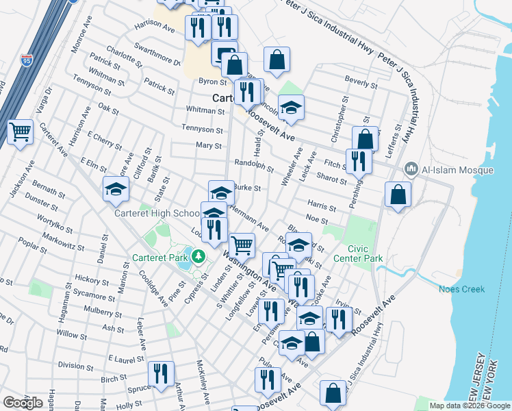map of restaurants, bars, coffee shops, grocery stores, and more near 115 Linden Street in Carteret