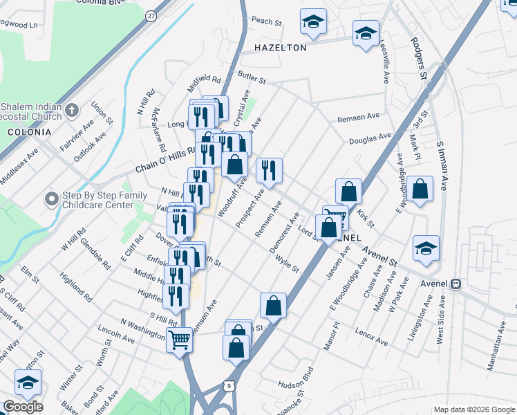 map of restaurants, bars, coffee shops, grocery stores, and more near 209 Remsen Avenue in Woodbridge Township